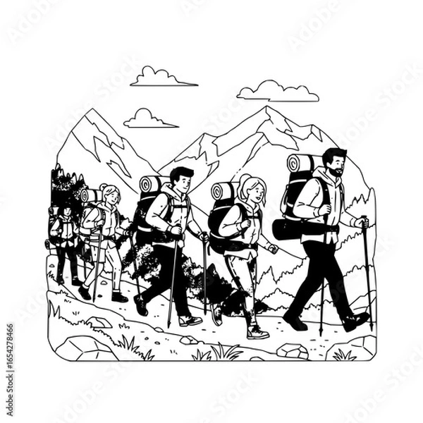 Fototapeta Group of hikers with backpacks and trekking poles walking on a trail with mountains in the background