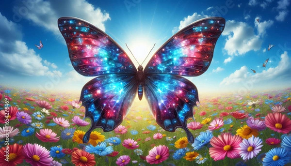 Fototapeta Colorful Butterfly Flying Over Vibrant Flower Field with Radiant Sun