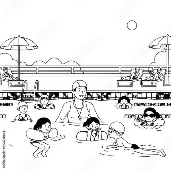 Fototapeta Illustration of a swimming pool with children swimming and a lifeguard overseeing the pool area with sunbathers