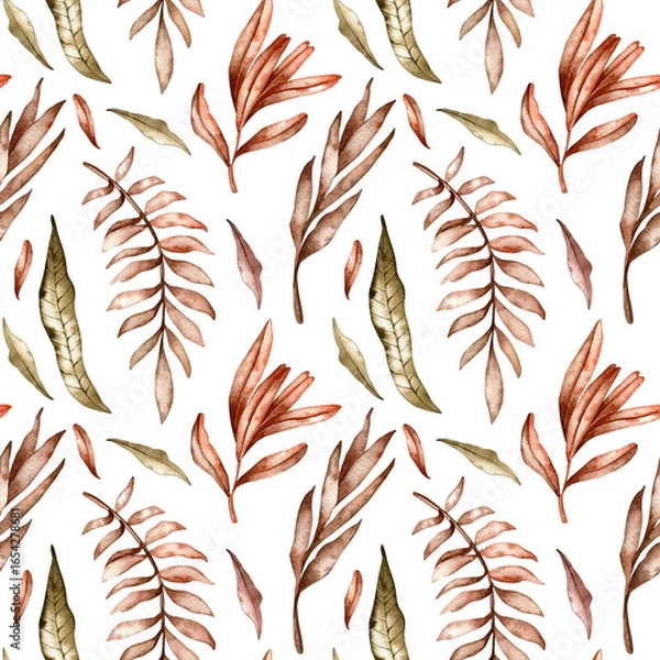 Fototapeta Seamless watercolor pattern. Floral background. Hand drawn stylized plant branches in monochrome sepia colors isolated on white background. Botanical ornament for textile design, packaging.