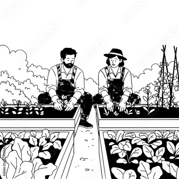 Fototapeta Two gardeners tending to plants in raised garden beds with a lush background of foliage in black and white