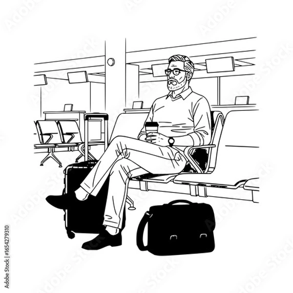 Fototapeta Man with beard sitting at airport with luggage and coffee waiting in a terminal lounge area