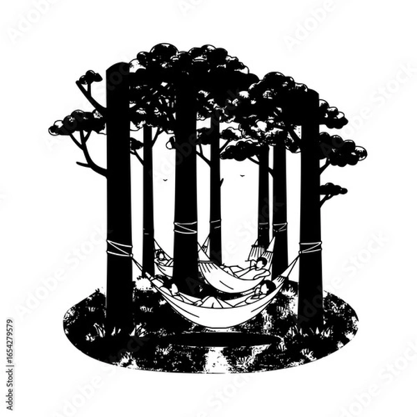 Fototapeta People relaxing in hammocks between tall trees in a forest in black and white illustration