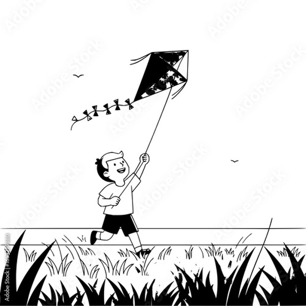 Fototapeta A young boy running through a field while flying a kite in a black and white illustration scene