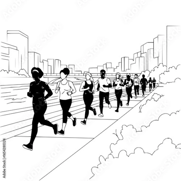 Fototapeta A group of people running together on a path with a cityscape in the background in black and white style