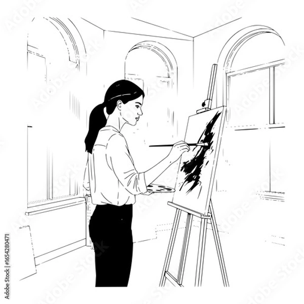 Fototapeta Woman artist painting on canvas with a brush in a studio with windows and an easel in black and white