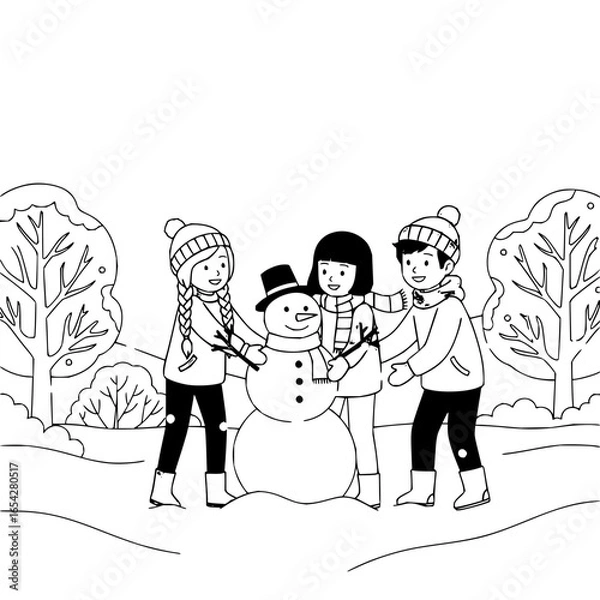 Fototapeta Children building a snowman together in a snowy landscape with trees and bushes on a winter day