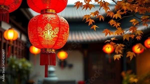 Fototapeta A vibrant red lantern with gold patterns glowing warmly, set against a traditional courtyard with drifting autumn leaves.