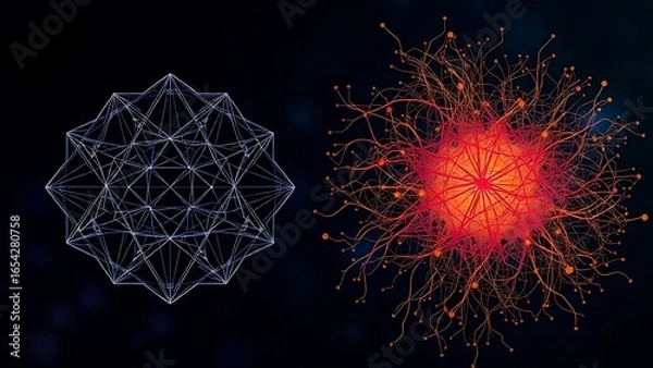 Fototapeta Abstract neural pathways: one geometric and structured, the other chaotic and organic.