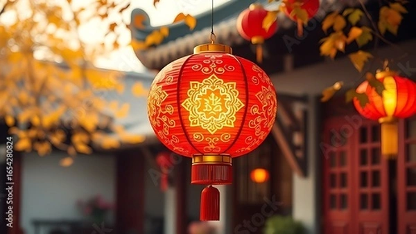 Fototapeta Vibrant red lantern with golden patterns glowing against a softly blurred traditional courtyard.