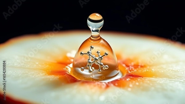 Fototapeta A hyperrealistic water droplet with molecular structure emerging from fruit.