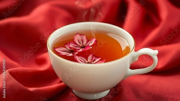 Fototapeta A delicate porcelain teacup with floating chrysanthemum petals, exuding serenity and elegance for China's National Day.