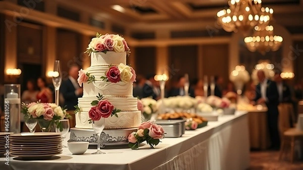 Fototapeta A beautifully arranged wedding buffet with tiered cake and floral decor, evoking romance and joy.