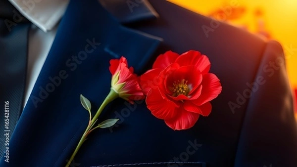Fototapeta A red carnation on a blue velvet jacket, bathed in golden light, embodying the spirit of Spain National Day.