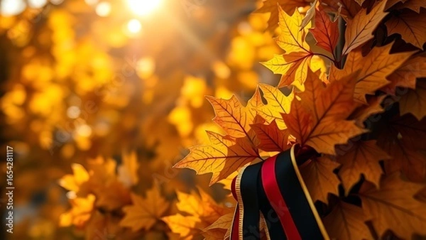 Fototapeta Golden oak leaf wreath with black-red-gold ribbon, bathed in warm autumn sunlight with blurred maple leaves behind.
