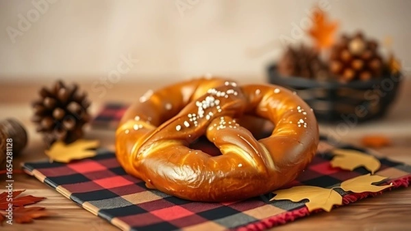 Fototapeta Crisp pretzel on a checkered black-red-gold napkin, softly focused with autumn harvest decorations in the background.