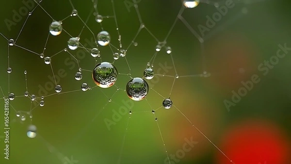 Fototapeta Dewdrops on a spiderweb with ominous red shadows, representing the spread of disease.