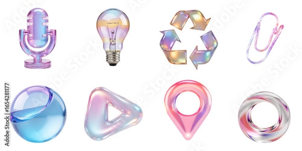 Fototapeta Glossy transparent icons including microphone, light, bulb, shapes, recycle, clip, play, map, location, sphere,