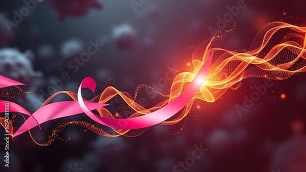 Fototapeta A pink ribbon transforming into a golden energy wave against a cellular background, symbolizing dynamic change.