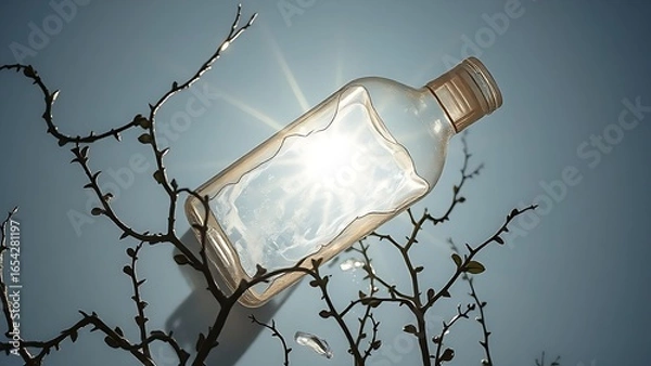 Fototapeta Shattered sunscreen bottle refracting prismatic light with dark vines emerging through cracks.