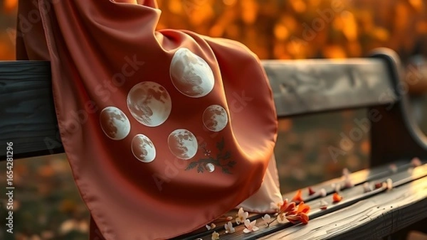 Fototapeta A silk hanfu sleeve embroidered with moon phases, draped over a wooden bench with scattered osmanthus blossoms.