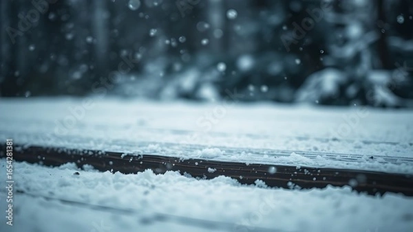 Fototapeta Snow-covered wooden surface with falling snowflakes, evoking a serene winter atmosphere.