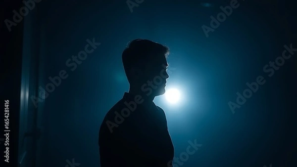 Fototapeta A silhouette in dim light with a faint glow, creating a mysterious and atmospheric mood.