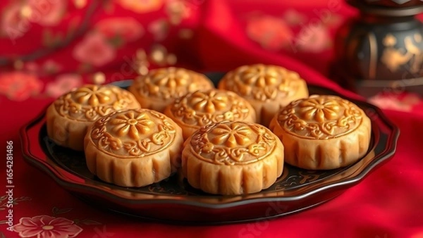 Fototapeta Traditional mooncakes on a lacquered tray with floral patterns, symbolizing Chinese cultural heritage.
