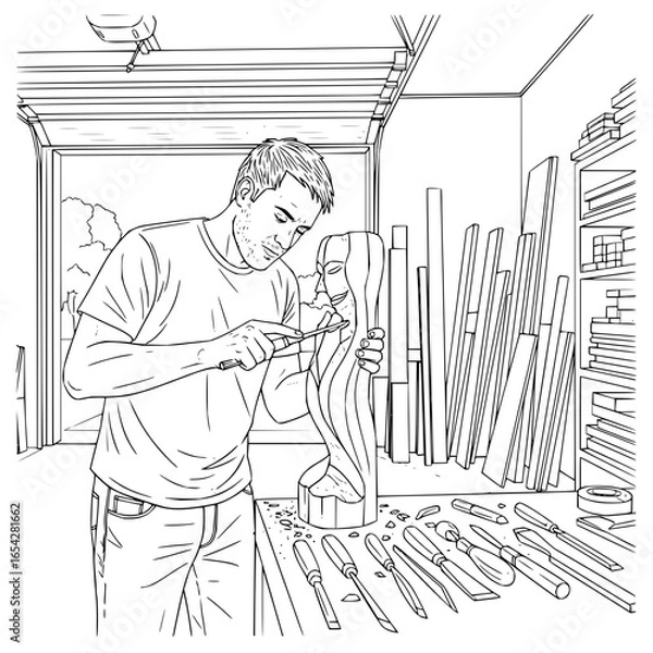 Fototapeta Man carving a wooden sculpture in a workshop with tools and wood planks in the background