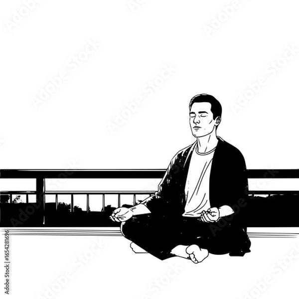 Fototapeta A man in meditation pose sitting cross legged on a balcony with a city view in black and white style