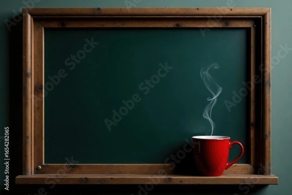 Fototapeta Aged blackboard in frame, rich red mug of coffee steaming, food, warm, picture