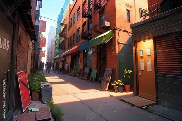 Fototapeta ゲーム背景　夕日と昔のニューヨークイメージの街の全景