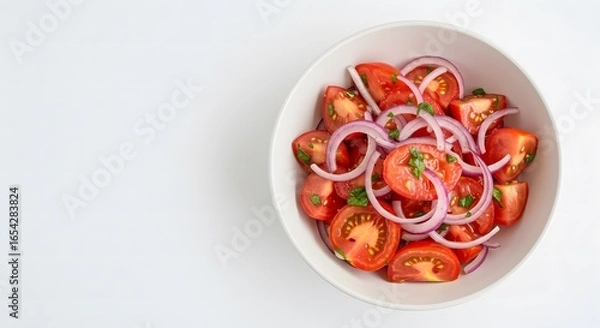 Fototapeta Fresh Tomato and Onion Salad (Ensalada Chilena) on White Plate 2
