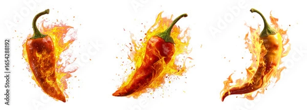 Fototapeta Collection of vibrant stylized 3D fiery peppers with flames around isolated on a white or transparent background