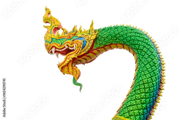 Fototapeta Green Naga statue with intricate golden details, Isolated on transparent background