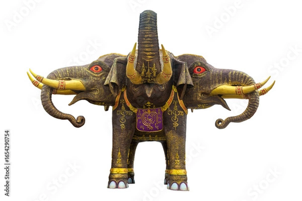 Fototapeta "Erawan Elephant" a three-headed elephant statue with red eyes, Isolated on transparent background