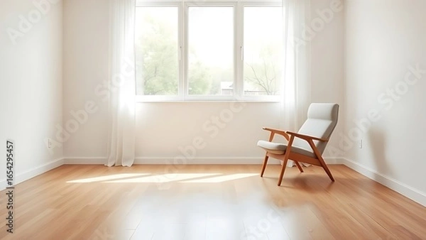 Fototapeta Empty living room featuring a mid-century modern chair, bathed in soft natural light for a serene and inviting atmosphere.