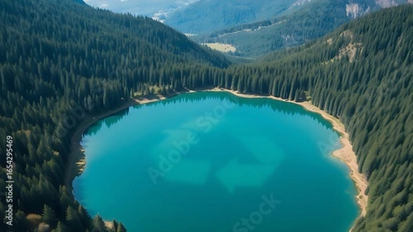 Fototapeta A serene lake shaped like a recycling symbol in a forested valley, viewed from above.