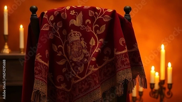 Fototapeta Spanish embroidered shawl with floral motifs in burgundy and gold, draped elegantly over a chair in warm candlelight.