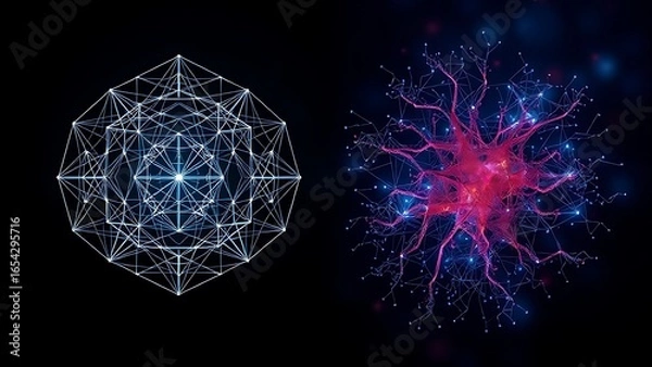 Fototapeta Abstract neural pathways: one geometric and structured, the other chaotic and organic.