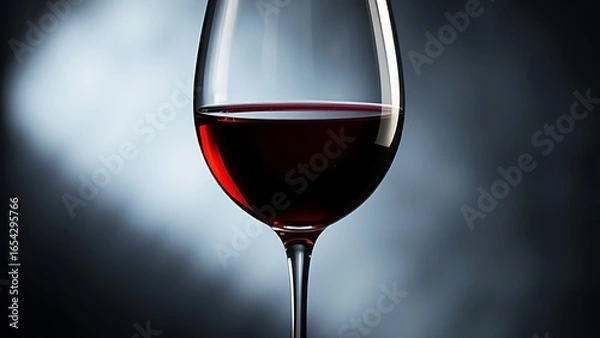 Fototapeta A wine glass filled with deep red liquid, highlighted against a dark background.