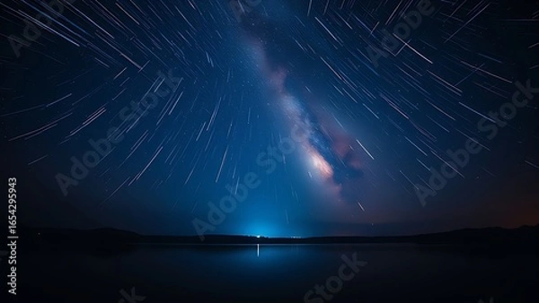 Fototapeta Night sky ablaze with electric blue and fiery orange meteor trails mirrored in a tranquil lake.