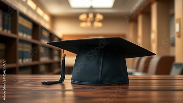 Fototapeta Graduation cap placed on a wooden surface with a subtle academic atmosphere.