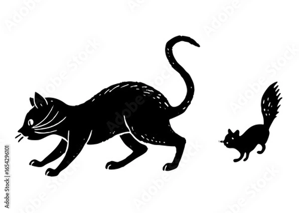 Fototapeta Cat with Mouse Silhouette SVG | Funny Cat Scene Vector Clipart for Cricut and Crafts