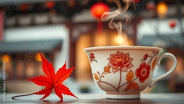 Fototapeta A delicate porcelain teacup with chrysanthemum motifs, paired with a red maple leaf and steam.