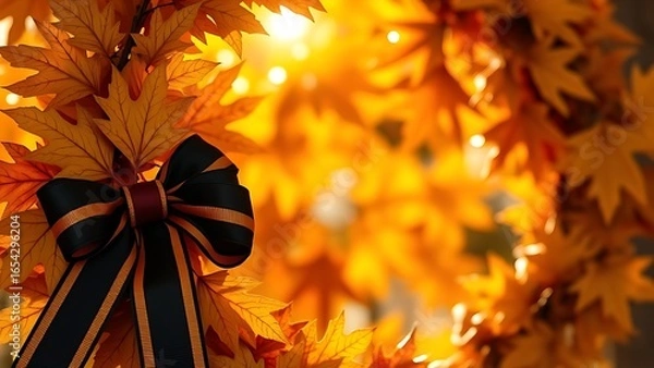 Fototapeta Golden oak leaf wreath with black-red-gold ribbon, bathed in warm autumn sunlight with blurred maple leaves behind.