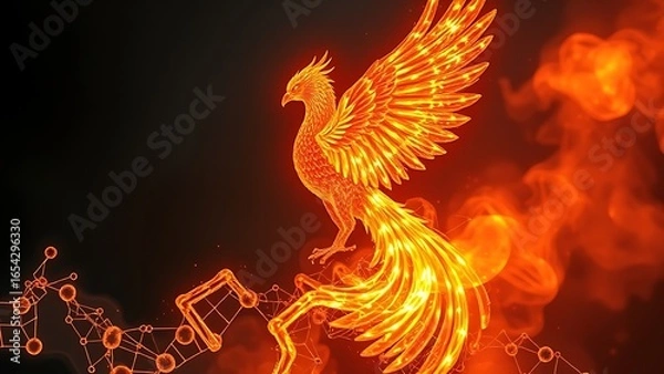 Fototapeta Molecular structure morphing into a fiery phoenix rising from scaled patterns.