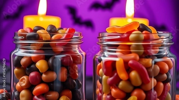 Fototapeta Candy-filled glass jars with chocolates, creating a whimsical Halloween treat display.