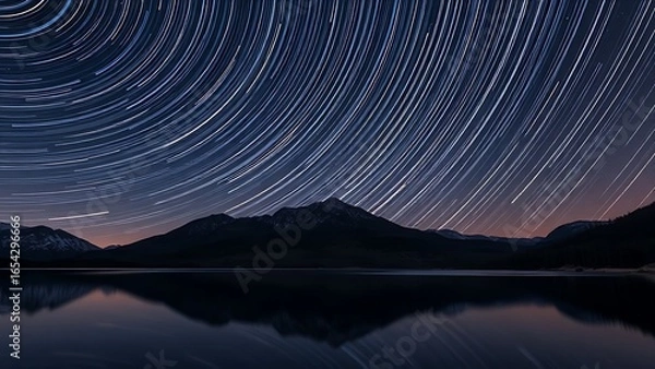 Fototapeta Timelapse of meteor trails forming a celestial web over mountains, mirrored in a tranquil lake below.