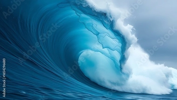 Fototapeta A towering blue wave frozen mid-crash, revealing swirling currents and dark shapes beneath.
